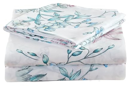 JSD White Blue Floral Printed Sheet Set Full Size, 4 Piece Botanical Microfiber Sheets Extra Deep Pocket