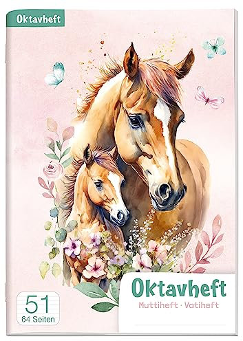 Schulstuff Oktavheft A6 Pferd mit Fohlen liniert, Schulmitteilungsbuch 64 Seiten mit Stundenplan - nachhaltig & klimafreundlich