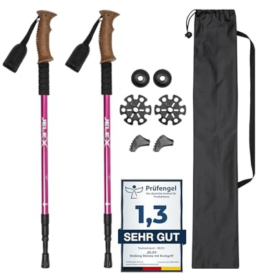 JELEX Nature Bâtons de marche télescopiques réglables pour marche nordique avec divers embouts pour activités de plein air, bâtons de randonnée ultra légers avec technologie anti-choc (rose Premium)