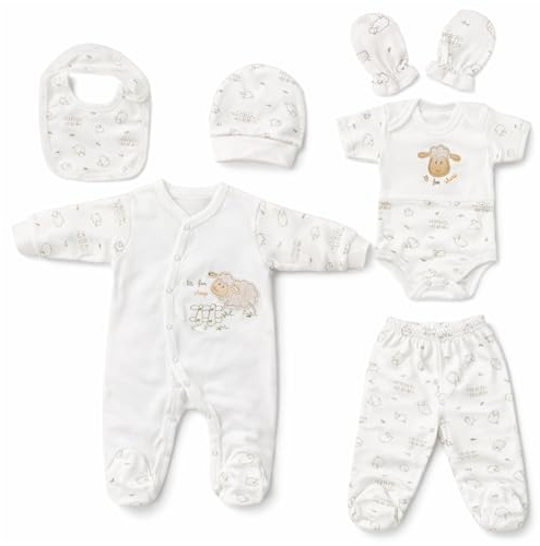 Blue Eyes nyfödd baby presentset unisex | 6 delar första kläder & babyutrustning + bomullsväska | 100 % naturlig OEKO‑TEX® bomull | spädbarn 0–4 månader | present till babyshower & dop (Lamm)