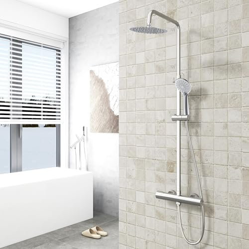 AICA ITALY, Soffione Doccia da 20cm Acciaio Inox con Rubinetto Termostatico Diametro 40mm, Saliscendi Doccia Regolabile 73-120cm, cromo