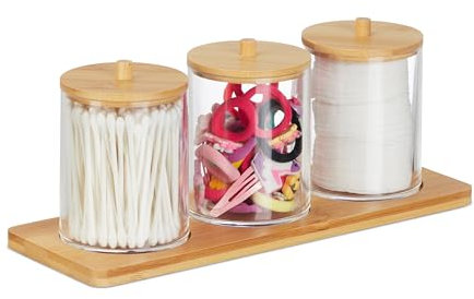 Relaxdays Wattestäbchenbehälter mit Tablett, 3 Becher m. Deckel, Kosmetik Organizer Kunststoff/Bambus, transparent/natur