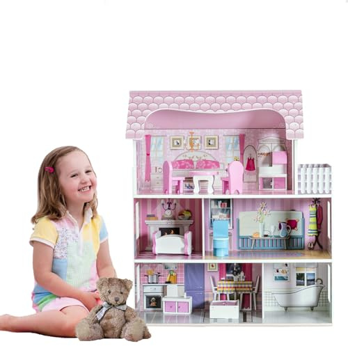 HOMASIS Maison de Poupées en Bois Rose à 3 Étages