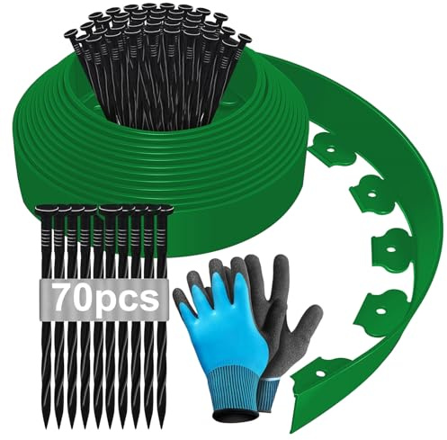 Flexibel trädgårdskant 15 m, höjd 5 cm, plast, ytterkant, trädgårdskant, klippkant, med handskar och 70 naglar - grön