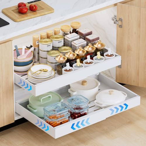 2 Pack Expandable Pull Out Cabinet Organizer Adhesive, Peel And Stick Slide Out Drawers for Kitchen Cabinets,Cabinet Pull Out Shelves For Kitchen Pantry Organization Adjustable Width 12.6-21