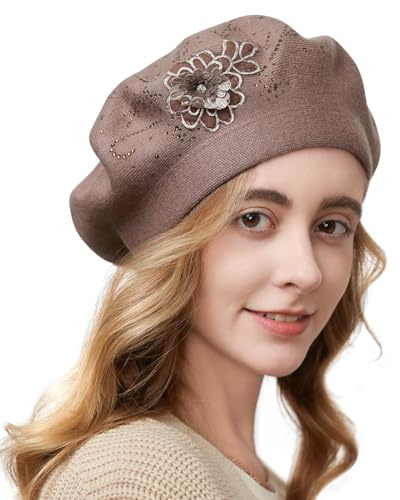 Gajaous Womens French Style Knitted Beret Hat, Flower Embroidery, Khaki, Adult, Women, Classic Style Lovers, Fall/Winter