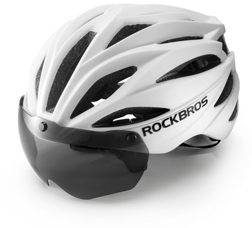 ROCKBROS Casco Bici Staccabile Rimovibile Occhiali, Casco MTB Traspirante, Occhiali Protettivi Magnetici per Monopattino Elettrico Bici da Corsa, Scooter, Uomo, Donna, Bianco Opaco