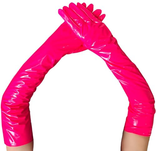 krautwear Damen Ellenbogenlange Glänzende Abendhandschuhe Handschuhe Lack und Leder Optik Pink Rot Schwarz (Pink)