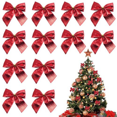 Fengyang® 12 PCS Fiocchi Per Albero Di Natale, Fiocco Albero Di Natale Rosso, Nastro Di Natale, Fiocchi Decorativi, Decorazione Di Confezioni Regalo