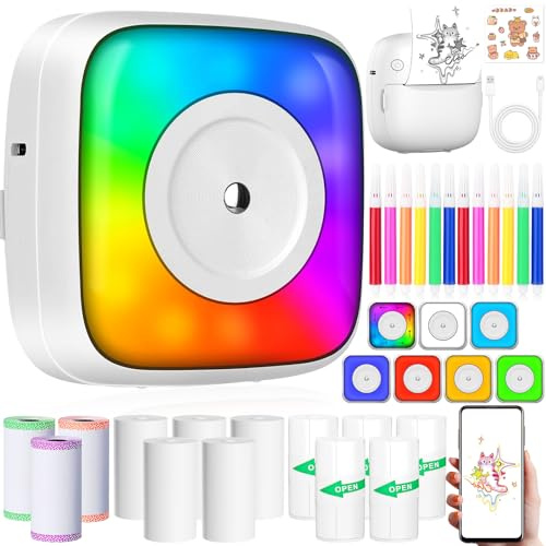 ZQEJEFD Mini Stampante Fotografica, Mini Stampante Termica, Stampante Fotografica Istantanea Bluetooth Portatile con Ricarica USB & 14 Rotoli di Carta, per Studio, Note, Diario, Elenco, Bianco