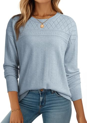 Dokotoo Fall Sweaters for Women Crewneck Long Sleeve Wool Hollow Out Pullover Knit Casual 2025 Winter Chunky Warm Soft Women's Clothing Fashion Beau Blue