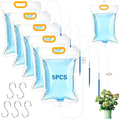 BBLTIFF 5 Pezzi 5 L Sacchetti per Irrigazione a Goccia, Sistema di Irrigazione Automatico delle Piante con Flusso Regolabile & 5 Ganci, Dispositivo Irrigatore per Piante in Vaso da Interno ed Esterno