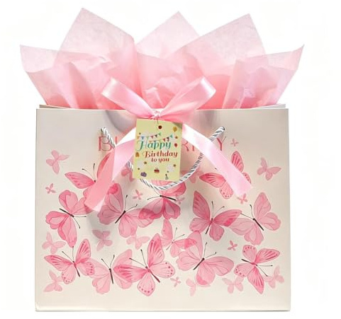 ARYIMYDP Sacchetto Regalo Compleanno Farfalla Rosa Elegante, 1pz Medio 25.4x10x19CM con 3 Fogli Carta Velina 50x70cm, Biglietto Auguri. Ideale per Regali Donna, Bambina, Feste e Anniversari.
