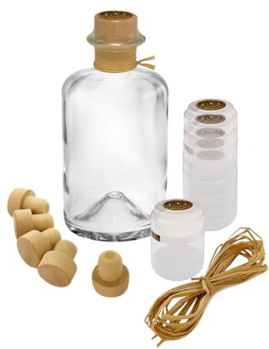 Geniess-Bar! 9 Glasflaschen klein 350 ml leer zum Befüllen Apothekerflaschen mit Korken, Bast und transparente Schrumpfkapseln mit Siegel gold zum Versiegeln