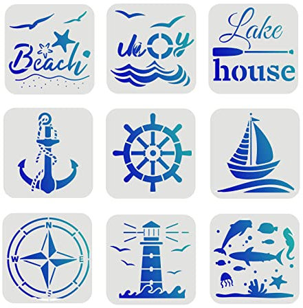 FINGERINSPIRE 9 Stück Kompass Schablone 15x15cm Kunststoff Nautische Thema Malschablone Sea Life Schablone Anker Strand Segelboot Leuchtturm Muster Schablonen zum Malen auf Holz, Boden, Wand