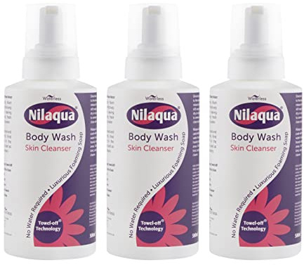 Nilaqua Rinse Free Body Wash Foam | Full Body Cleansing Foam | Wipe Away Cleanser | Waterless Shower & Bath Wash for Elderly and Hospital Care | Aerosol Free 500ml Trio Pack