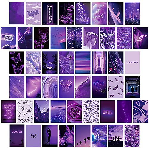 50 stycken collage-tryckset, lila estetiskt väggcollage-kit, fotoväggset, affischset, neonkollage tryck, rumsdekoration för flickor