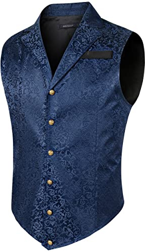 HISDERN Gilet Costume Homme Paisley Mariage Gilet Homme Classique Steampunk Costume veston pour parti fête,Bleu Marine,4XL