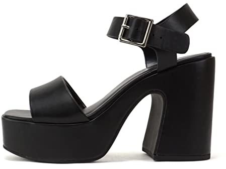 Soda LAUNCH ~ Women Open Toe Ankle Strap Platform Chunky High Heeled Sandal (Black PU, 8.5)