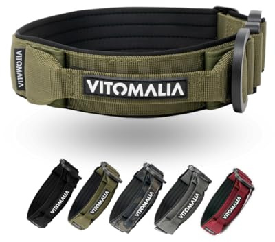 VITOMALIA® Taktisches Hundehalsband, 3 cm Breit: Stabiles Nylon, Magnet Handgriff, Sicherheitsschnalle, Hundehalsband kleine Hunde (3cm/M = 40cm-50cm, Khaki)
