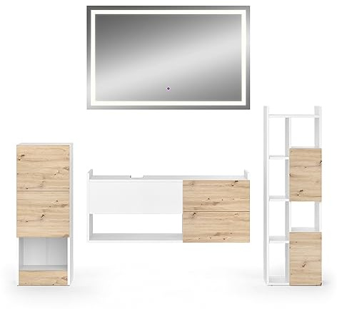 Vicco Set di mobili da bagno Alf, Bianco, 105 cm, composto da mobile lavabo, pensile a specchio, colonna e base media
