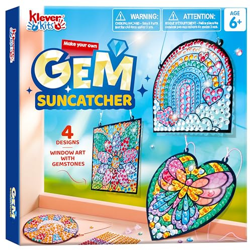 Klever Kits Suncatcher Craft Kit for Children,4 Designs Arts and Crafts for Kids Age 6 7 8 9-12,Gem Diamond Painting Craft Kits,Window Gem Art Set,Birthday Gift for Girls Age 6-12