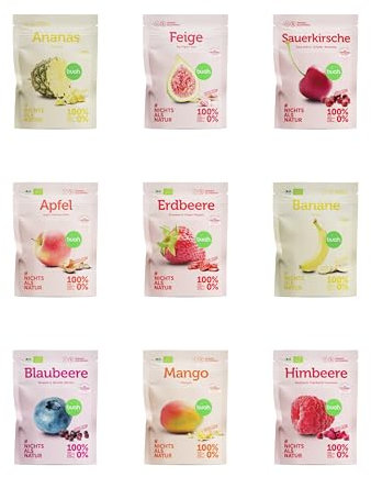 BUAH® Gefriergetrocknete Früchte Probierset | Perfekter Snack aus Fruchtchips | Süßigkeiten Alternative ohne Zuckerzusatz, Toppings für Porridge | Vegan Glutenfrei | 9er Pack Fruchtmix