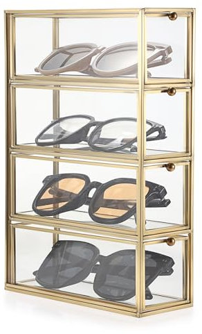 SUMTree Sunglasses Storage Organiser Box with 4 Drawers Gold Glass Sunglasses Case Transparent Glasses Display Stand, 26 * 18 * 6.9cm