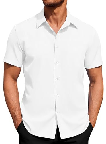 J.VER Mens Shirts Short Sleeve 4-Way Stretch Dress Shirt Regular Fit Non Iron Business Casual Summer Button Down Shirts White L