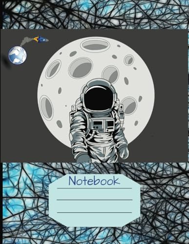 Composition Notebook: Cosmic Journey: Space Adventure Notebook – Blue Background with Black Entanglement Web, Astronaut, Moon, and Spaceship Launch ... College Ruled, Matte Cover, 8.5 x 11 in