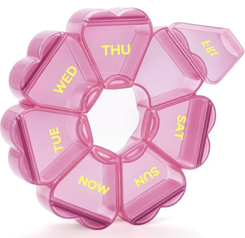 Pill Organizer Weekly - Cute Medicine Pill Organizer 7 Day, Large Daily Pill Box for Travel, SHIJOINYU Pill Dispenser Case 1 Time a Day for Medication/Supplement/Fish Oil (Pink)