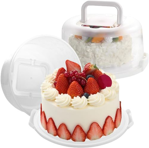 LDXDRU 2 Pack 10 Inch Cake Carrier with Handle, Plastic Cake Containers with Lid, Clear Round Cake Stand Portable Dessert Container for Pies Cupcake Muffins Party - 13cm Height