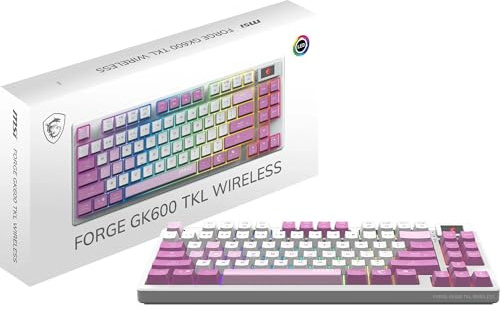 MSI Forge GK600 TKL Wireless Violet FR Clavier Gaming sans Fil, AZERTY, Disposition FR, switches linéaires, Touches imprimées par Sublimation, Base antidérapante, LED RGB, USB 2.0, Bluetooth, 2.4 GHz