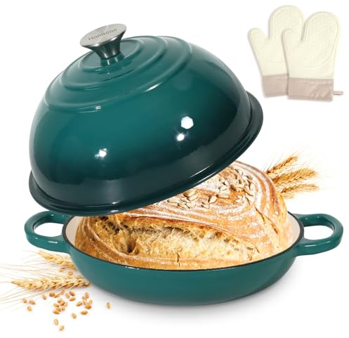 Homtone Pentola da forno olandese in ghisa smaltata, 22 cm, forno olandese per la cottura del pane a lievitazione naturale, pentola per il pane in ghisa con coperchio (blu pavone, con guanti da forno)