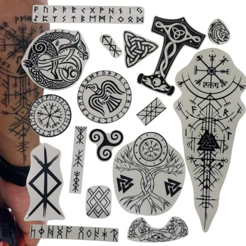 Yatatu - Tatuajes Temporales Estilo Vikingo (17 Piezas), Símbolos de Mitología Nórdica y Runas - Calcomanías Vikingas