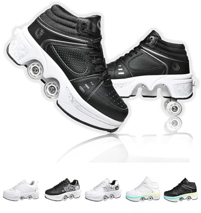 2-in-1 Retractable Roller Skate Shoes for Women and Men - 4 Rounds Shoes That Turn Into Roller Skates With Removable Wheels for Girls and Boys (Black Without Light, EU-37)