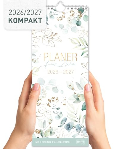 Häfft® Planer für zwei 2026/2027 „Blattgold“ – Paarkalender 17 Monate (Aug 26 - Dez 27) – Wandkalender für 2 Personen, 3 Spalten, schmaler Wandplaner 13x31,9 cm