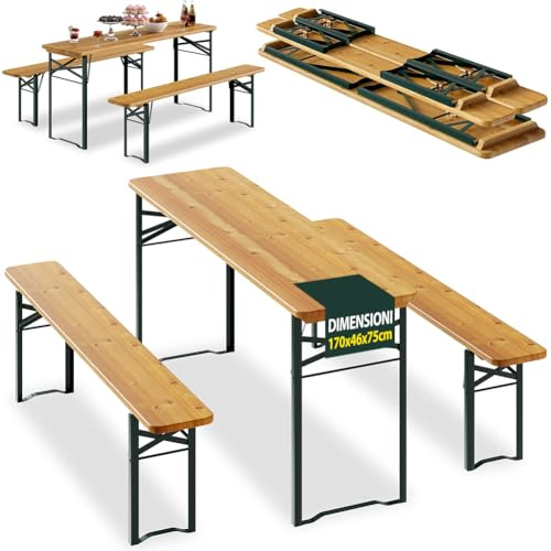 BAKAJI Set 3 Pezzi Birreria con Tavolo Pieghevole e Panche da Esterno, Struttura in Acciaio Comoda, Seduta Ergonomica e Resistente, Ideale per Giardino, Bar, Campeggio, Sagra (170 cm)