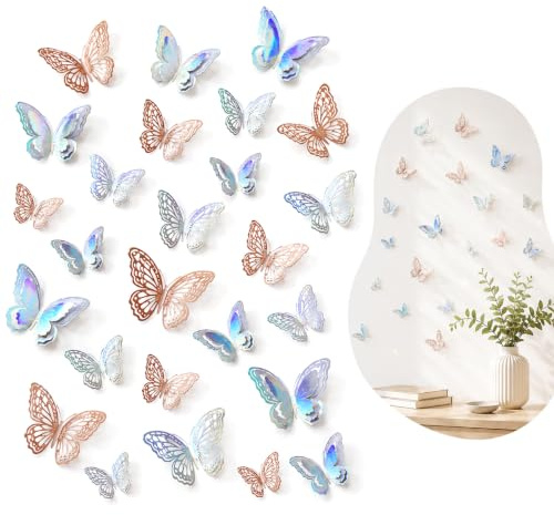 JOVYTH Papillons 3D Muraux – 36 Décorations Papillon en Or Rose & Argent Laser, 3 Tailles & Styles, pour Fête & Mur