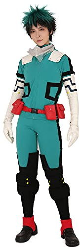miccostumes Men's Costume Anime Hero Cosplay Green Fighting Suit Green Full-body Jumpsuit With red belt And Knee Pads (L)