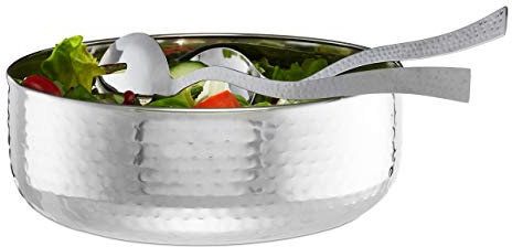 Relaxdays Salatschüssel Set, 3-teilig mit Salatbesteck 30 cm, Edelstahl, spülmaschinenfest, runde Schale ∅ 28 cm, silber