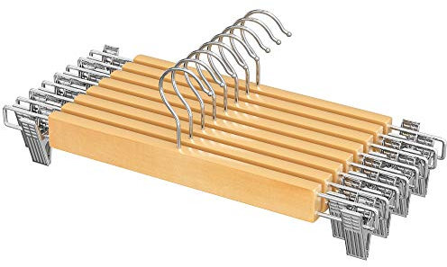 SONGMICS CRW009N01 Set of 8 Wooden Skirt Hangers with Adjustable Clips, Non-Slip for Trousers, Shorts and Skirts, Natural