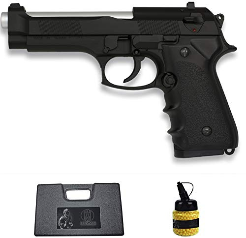 Pistolet HFC-118E M92 Noir avec Canon argenté (6MM) | Arme de Poing Airsoft (Billes en Plastique) Type Beretta 92 + Mallette PVC + Bouteille [Puissance : 0,38 Joules]