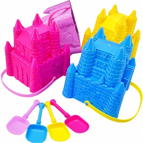 4E's Novelty (4 Sets) Castle Beach Buckets and Shovels, Large Size 7 - Sand Castle Building Kit, Sandcastle Molds Beach Toys for Kids 3-10, Outdoor Sand Toys for Toddlers