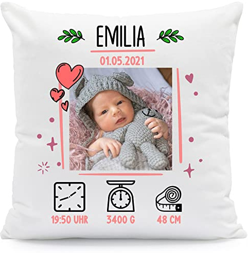 Cuscino stampato con foto - Regali di cuore - Personalizzato con nome foto e dati di nascita - Regalo per mamma papà genitori per baby shower festa compleanno Natale - con imbottitura - Colore: Rosa