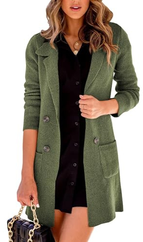 Danedvi Women Open Front Lapel Collar Cardigan Button Down Long Sweaters Cardigan Solid Outerwear Coats Army Green