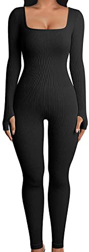 Geagodelia Damen Sexy Bodycon Jumpsuit Einteiler Elegant Langarm Overall Romper Yoga Workout Sport Outfit Clubwear Streetwear (A - Schwarz, S)