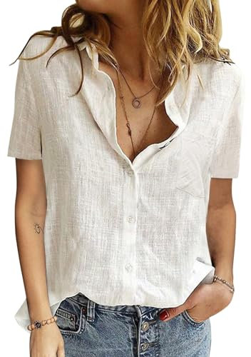 Yuson Girl Bluse Damen Sommer - Baumwolle Leinenbluse V-Ausschnitt Button-Down Hemdbluse Elegant Revers Kragen Blusehemd Einfarbig Bluse Kurzarm Basic Kurzärmeliges Shirt(Weiß, M)