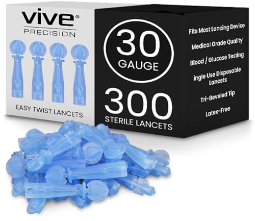 Vive Precision Easy-Twist Lancets for Diabetes Blood Sugar Extraction Testing, 30 Gauge Single Use Disposable Finger Pricker Needle Pen for Glucose Monitoring Devices (300 Easy-Twist Lancets)