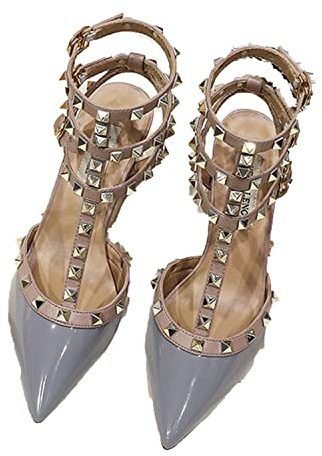 WOilERQ Women's Pointed Toe Heels fashion stud Low Block Chunky Pumps studded T-strap Ankle Strap Buckle Dress Sandals Closed Toe Classic Comfortable low heels Shoes,Grey,37